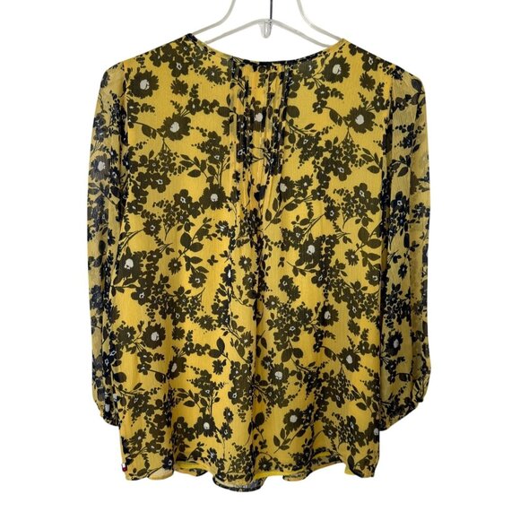 Tommy Hilfiger L Yellow Black Floral Print Lined Blouse with Pintucks Romantic - Picture 3 of 9